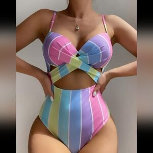 Pastel Stripe Cutout One-Piece Swimsuit - Pink/Blue/Purple